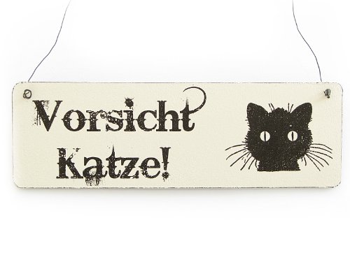 Interluxe Vintage Deko Schild Türschild Vorsicht Katze Shabby Nostalgie Landhaus Holz weiß von Interluxe