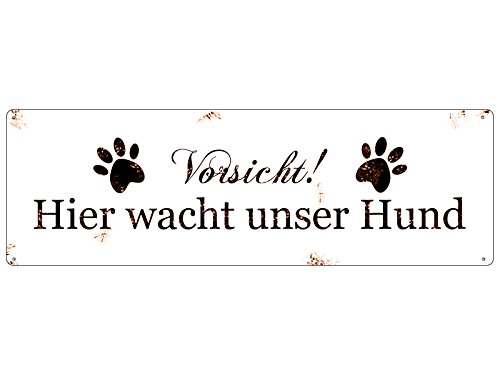 METALLSCHILD Blech VORSICHT HIER WACHT UNSER * HUND * Warnschild Haustier Hinweisschild Schild aus Metall von Interluxe