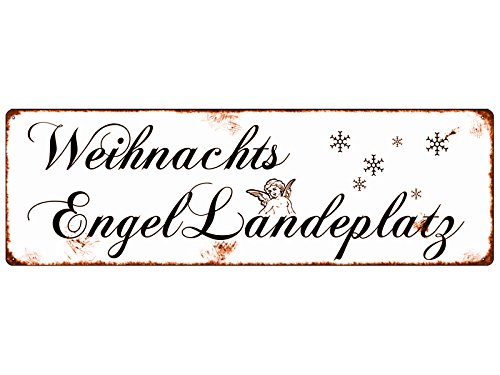 METALLSCHILD Shabby Vintage Blechschild WEIHNACHTSENGEL LANDEPLATZ Weihnachtszeit Advent Winter Schild mit Spruch von Interluxe