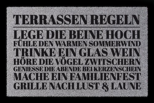 Interluxe SCHMUTZMATTE Fußmatte TERRASSEN Regeln Geschenk Einzug Dekoration Spruch Hellgrau von Interluxe
