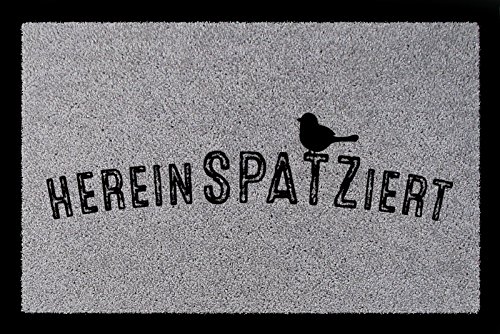 Interluxe TÜRMATTE Fußmatte HEREINSPAZIERT Vogel Willkommen Flur Eingang Einzug Geschenk Hellgrau von Interluxe