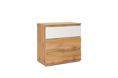 Kommode mit 3 Schubkästen (B/H/T: 80 x 80 x 45 cm) griffloses Design, Honigeiche/Weiß von Intertrade