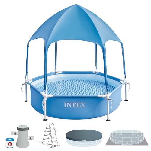 Intex 28209NP – Aufstellpool Canopy Metal Frame Rund, mit Abnehmbarem Sonnenschutz und Wassersprinkler, 700 L, Stahl und PVC, Blau, 183x38 cm von Intex