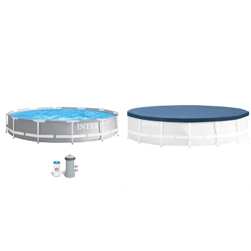 Intex 12Ft X 30In Prism Frame Pool Set & 28031 Round Pool Cover - Poolabdeckplane - Ø 366 cm - Für Metal und Prism Frame Pool, Dunkelblau von Intex