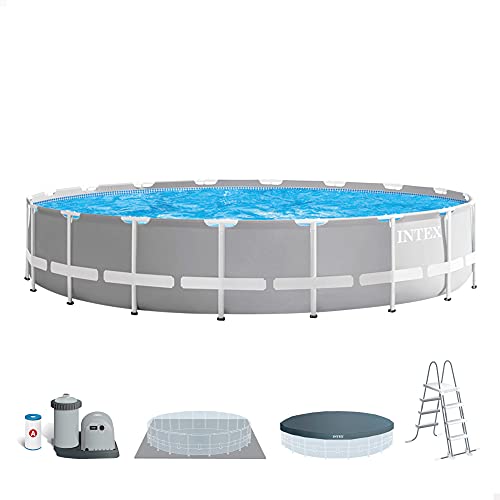 Intex 26756NP – Aufstellpool Prism Frame Rund, Filterpumpe 5678 L/h, Leiter, Bodenplane und Abdeckplane, 32695 L, Stahl und PVC, Grau, 610x132 cm von Intex