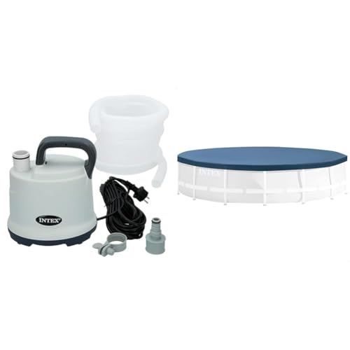 Intex 28606, Grau & 28031 Round Pool Cover - Poolabdeckplane - Ø 366 cm - Für Metal und Prism Frame Pool, Dunkelblau von Intex
