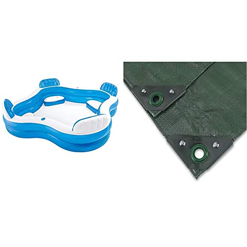 Intex 56475NP - Aufblasbares Swim Center Family Lounge, 90 x 90 x 26 Zoll & Noor Abdeckplane Profi 140g/m2 Grün I 3 x 3 m I Allzweckplane für Schutz vor Witterung I Ideal geeignet für Gartenbereich von intex