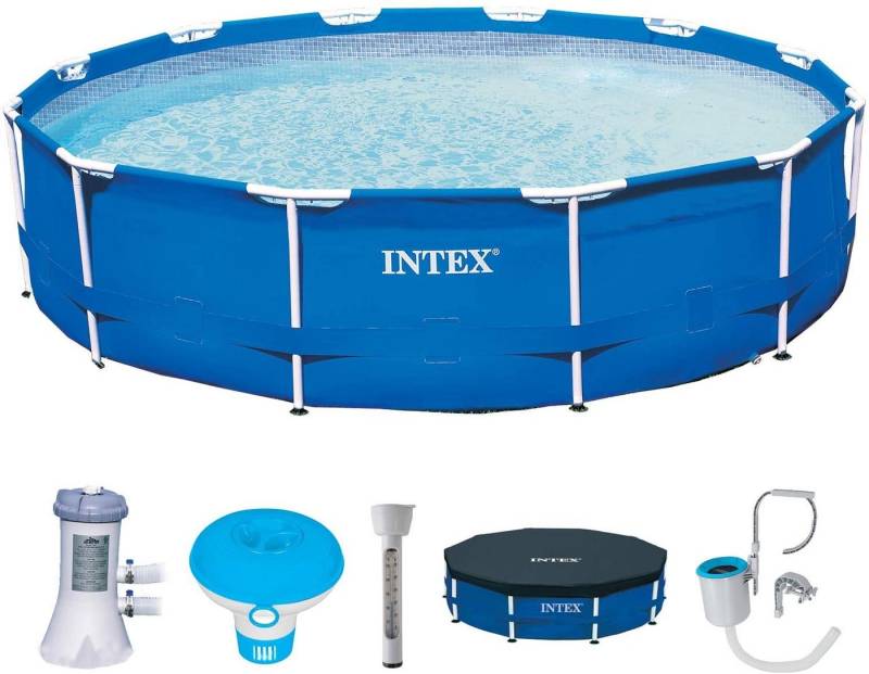 Intex Framepool Intex Frame Pool Rondo Komplettset 366x84cm Pool Filterpumpe Plane, Komplettset mit alle Zubehöre inkl. Filteranlage Abdeckplane Skimmer von Intex