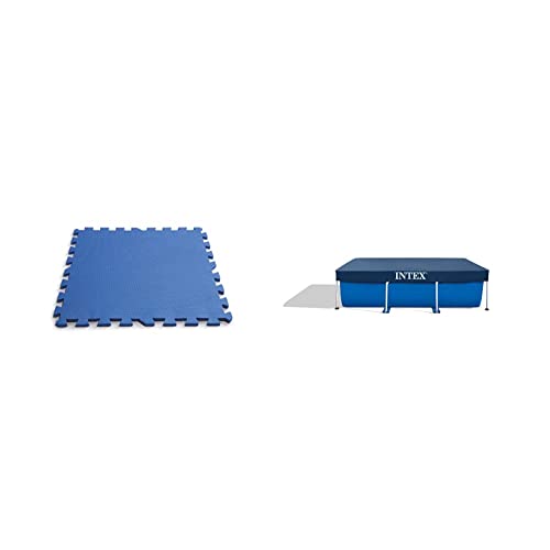 Intex Interlocking Padded Floor Protector - Bodenschutz für Pools - 8 Stück - 1.9 m² Spot Blau 6.5x48x48 cm & Rectangular Pool Cover - Poolabdeckplane - Blau, 300 x 200 x 20 cm von Intex