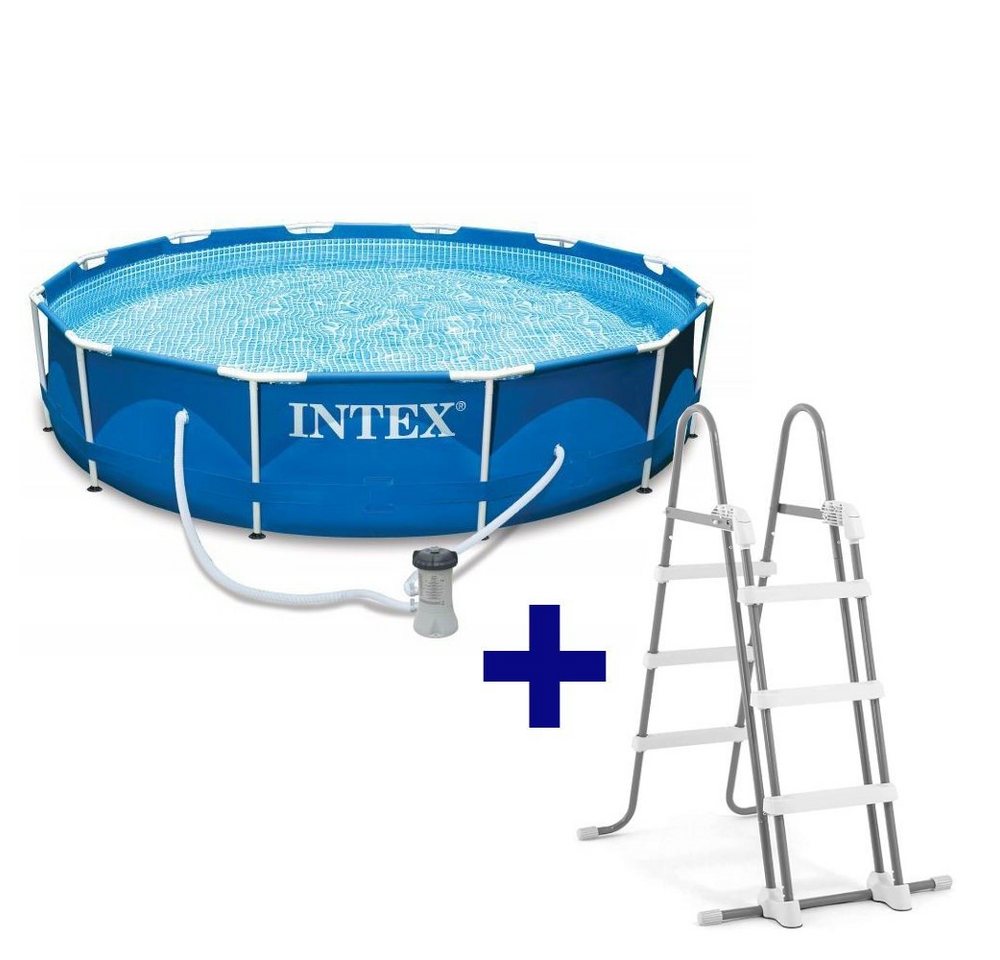 Intex Pool 28212GN Metal Frame Pool, 366x76cm inkl. Filterpumpe + 28075 Leiter von Intex