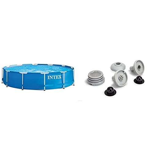 Intex Pool Metallrahmen, Blau, Rundrohr (ø) 3,66 x (h) 0,76m & Anschluss-Set Ø 32 mm - kompatibel mit Wasserbelebung, Grau von Intex