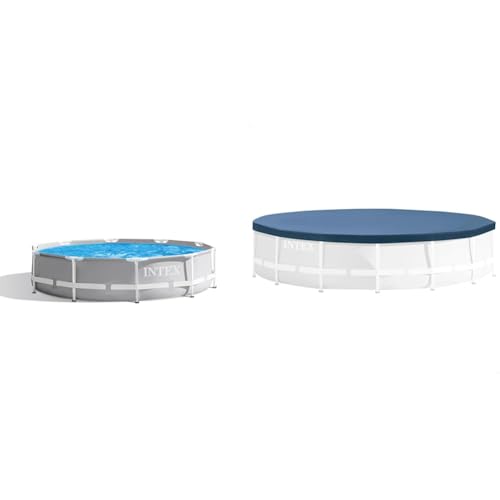 Intex Prism Rondo Frame Pool Set - Ø 305 x 76 cm, Hellgrau & Runde Abdeckplane - Ø 305 cm - Für Metal und Prism Frame von Intex