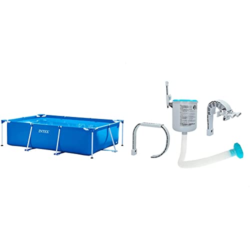 Intex Rectangular Frame Pool - Aufstellpool, Blau - 220 x 150 x 60 cm & Oberflächenskimmer - Deluxe Oberflächenskimmer zur Wandmontage - Hängeskimmer, Grau von Intex