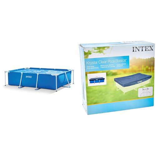 Intex Rectangular Frame Pool - Aufstellpool, Blau - 220 x 150 x 60 cm Cover - Poolabdeckplane - Blau, 300 x 200 x 20 cm - Für Frame von Intex