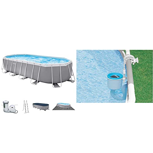 Intex Swimming Pool 610 x 305 x 122 cm Frame Pool Set Prism Oval 26798 & Oberflächenskimmer - Deluxe Oberflächenskimmer zur Wandmontage - Hängeskimmer von Intex