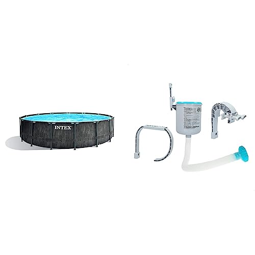 Intex Unisex – Erwachsene Premium Frame Pool Set Prism Greywood Ø 457 x 122 cm, Dunkelgraue Holzoptik & Surface Skimmer - Deluxe Wall Mount Surface Skimmer - Suspension Skimmer von Intex