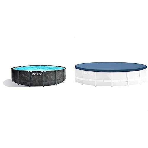 Intex Premium Frame Pool Set Prism Greywood Ø 457 x 122 cm, Dunkelgraue Holzoptik & Runde Poolabdeckplane Ø 366 cm - Für Metal und Prism Frame, Dunkelblau von Intex