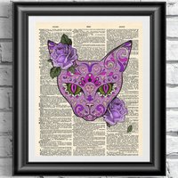 Originalkunstdruck Auf Antiker Lexikonseite. Die Lila Katze Im Sugar Skull Stil. Wanddekor Vintage Buchseite Gothic Art Und Rosen von IntheFrameShop