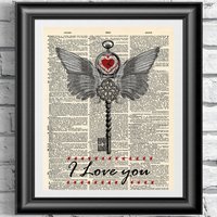 Originalkunstdruck Auf Antiker Lexikonseite. Steampunk Grafik I Love You Recycelten Materialien. Gothic Wandbehang Flügel Und Herz Geschenk von IntheFrameShop