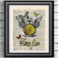 Originalkunstdruck Auf Antiker Lexikonseite. Wandbehang Time Flies Zitat Vintage Buchseite. Wanddekor Inspirierend von IntheFrameShop