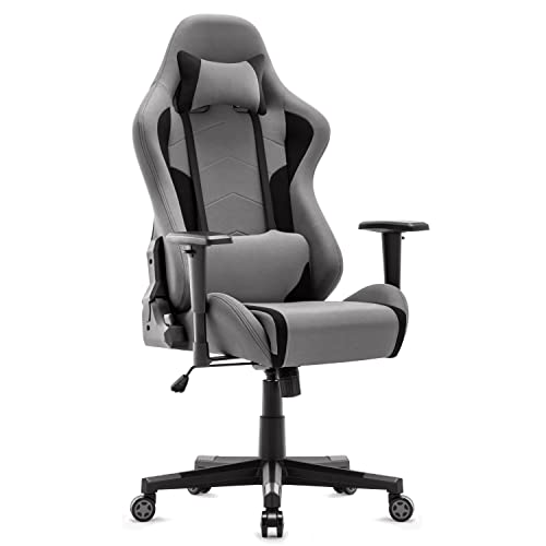 IntimaTe WM Heart Gaming Stuhl, Ergonomischer Gamer Stuhl aus Stoff,Zocker Stuhl, Racing Bürostuhl mit verstellbare Armlehnen, Computerstuhl mit Lendenkissen, Gepolstert, Drehstuhl Wippfunktion Grau von IntimaTe WM Heart
