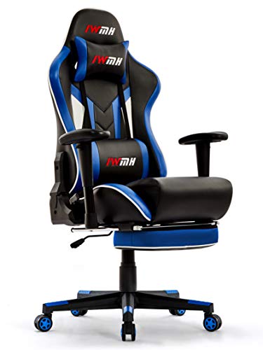 IntimaTe WM Heart Gaming Stuhl, Ergonomischer Gamer Stuhl mit Fußstütze, PC Zocken Racing Bürostuhl, PU Leder Drehstuhl mit Hoher Rückenlehne Massage Lendenwirbelstütze, schwarz & blau 55*56.5*131.5cm von IntimaTe WM Heart