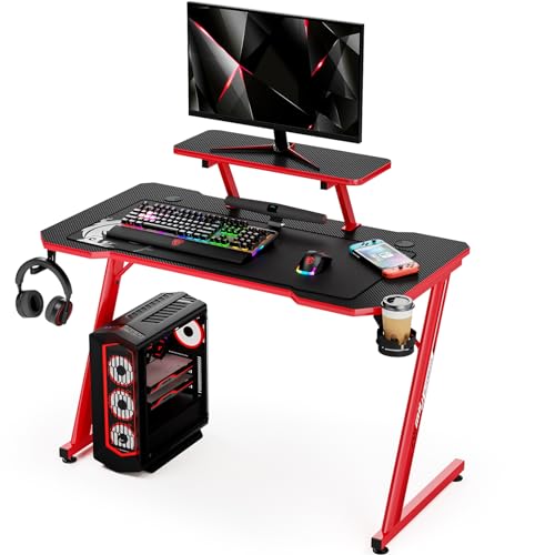 Intimate WM Heart Gaming Tisch 110cm, Ergonomischer Computertisch, Schreibtisch mit Tischplatte aus Kohlefaser, Drehbarer Headsethalter, Griffhalter und Getränkehalter, Schwarz und Rot von IntimaTe WM Heart