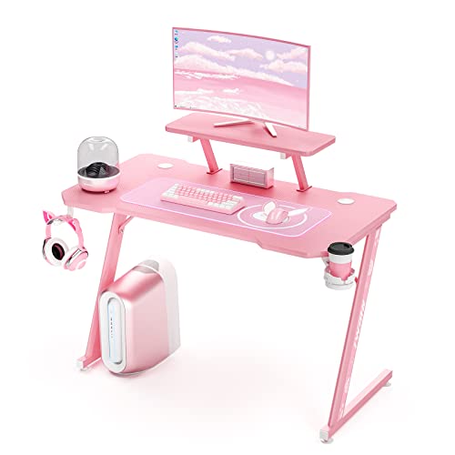 Intimate WM Heart Gaming Tisch 110cm, Ergonomischer Computertisch, Schreibtisch mit Tischplatte aus Kohlefaser, Drehbarer Headsethalter, Griffhalter und Getränkehalter, Rosa von IntimaTe WM Heart