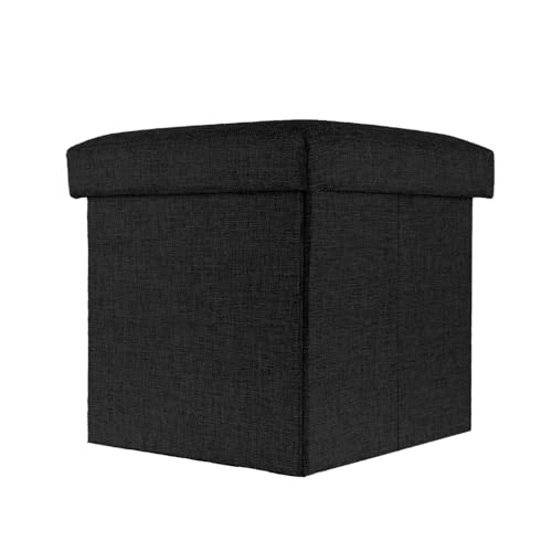 INTIRILIFE Faltbarer Sitzhocker 30x30x30 cm in Diamant SCHWARZ - Sitzwürfel mit Stauraum und Deckel aus Stoff in Leinen Optik - Sitzcube Fußablage Aufbewahrungsbox Truhe Sitzbank von INTIRILIFE