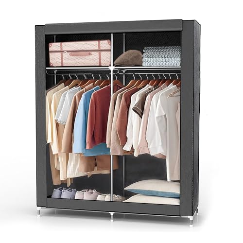INTIRILIFE Faltschrank 108x45x170 cm in GRAU - Stoffkleiderschrank mit Reißverschluss und Kleiderstange, Seitentasche und Fächern - Steckregal, Metallrahmen, Aufbewahrung von INTIRILIFE