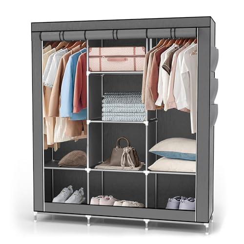 INTIRILIFE Faltschrank 130x175x45 cm in ASCH GRAU - mit Reißverschluss Stoffschrank Kleiderschrank mit Kleiderstange, Fächern und Seitentasche - Camping Steckschrank Textil Garderobe von INTIRILIFE