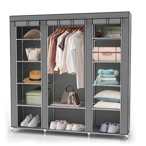INTIRILIFE Faltschrank 150x175x45 cm in ASCH GRAU - mit Reißverschluss Stoffschrank Kleiderschrank mit Kleiderstange, Fächern und Seitentasche - Camping Steckschrank Textil Garderobe von INTIRILIFE