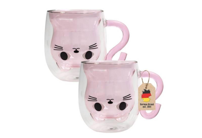 Intirilife Gläser-Set, Glas, Thermo Glas Doppelwandig 200ml Kaffeetasse Teetasse Katzendesign 2-tlg von Intirilife
