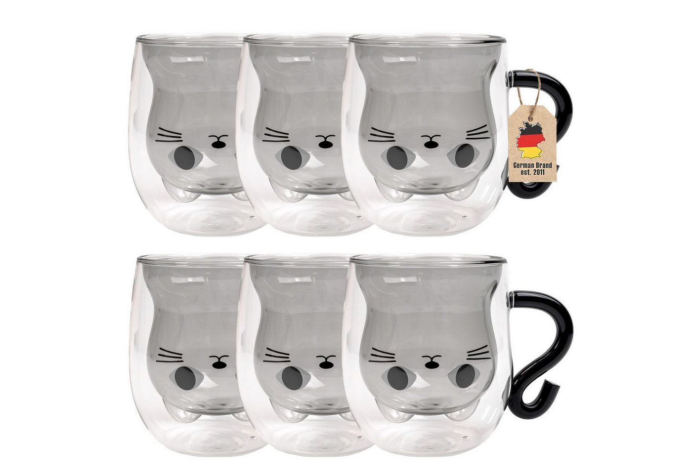 Intirilife Gläser-Set, Glas, Thermo Glas Doppelwandig 200ml Kaffeetasse Teetasse Katzendesign 6-tlg von Intirilife