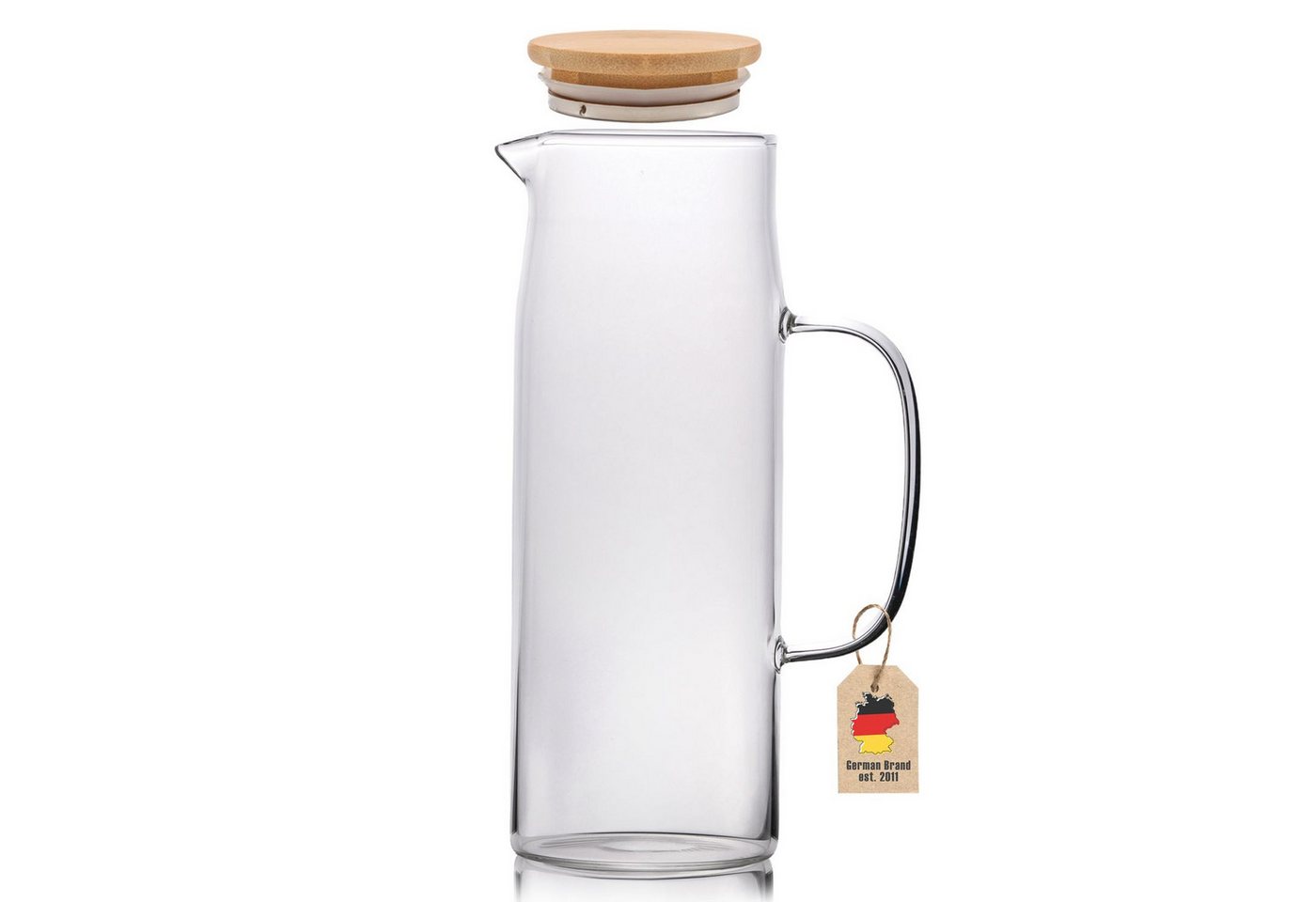 Intirilife Karaffe, (Karaffe aus Borosilikatglas mit Henkel und Holz Deckel, Karaffe aus Borosilikatglas mit Henkel und Holz Deckel), Glas Krug mit Bambusdeckel in KLAR - 1,3l von Intirilife