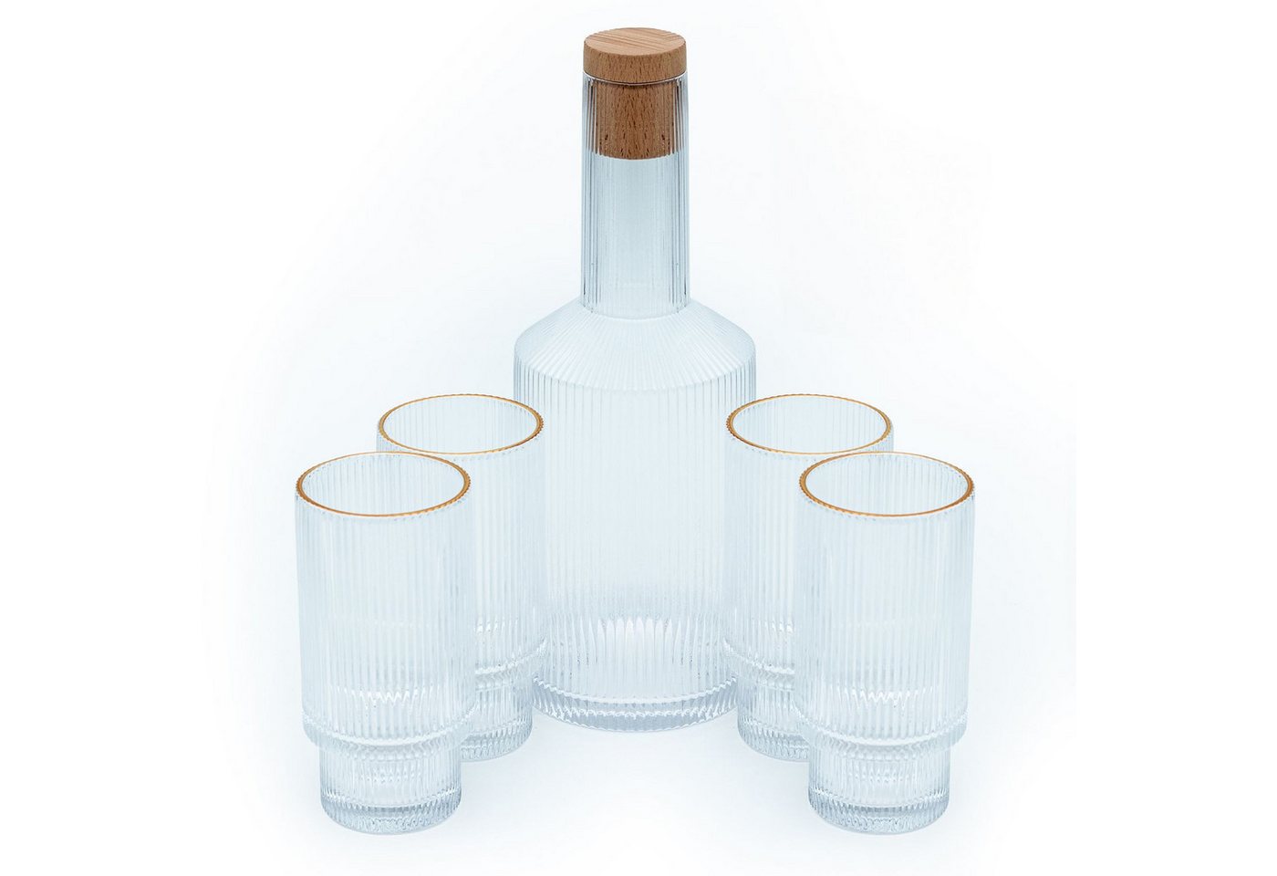 Intirilife Karaffe, (Set, 5-tlg., Set), Glaskaraffen Set Karaffe mit Korken und 4 Gläsern mit goldenem Rand von Intirilife