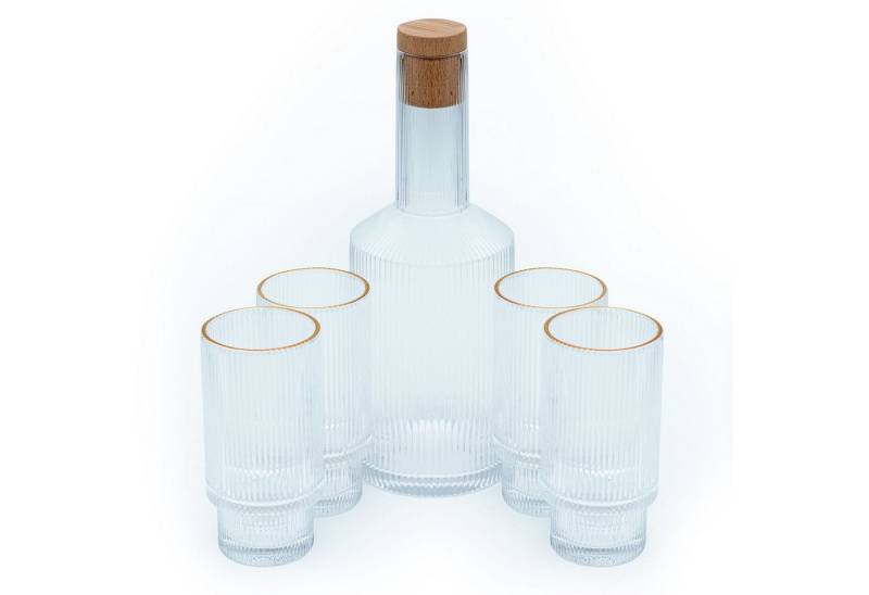Intirilife Karaffe, (Set, 6-tlg., Set), Glaskaraffen Set Karaffe mit Korken und 4 Gläsern mit goldenem Rand von Intirilife