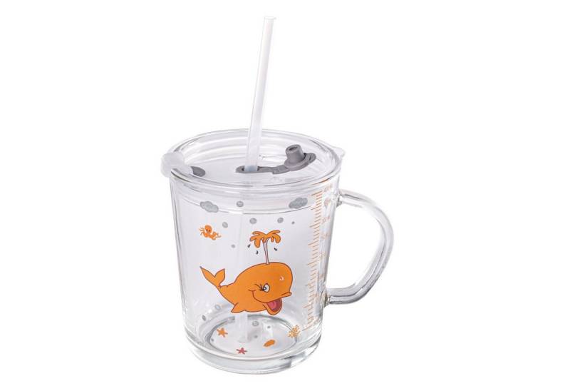 Intirilife Kinderbecher, Glas, Kinder Trinkbecher transparent mit Deckel Strohhalm mit Wal Design von Intirilife