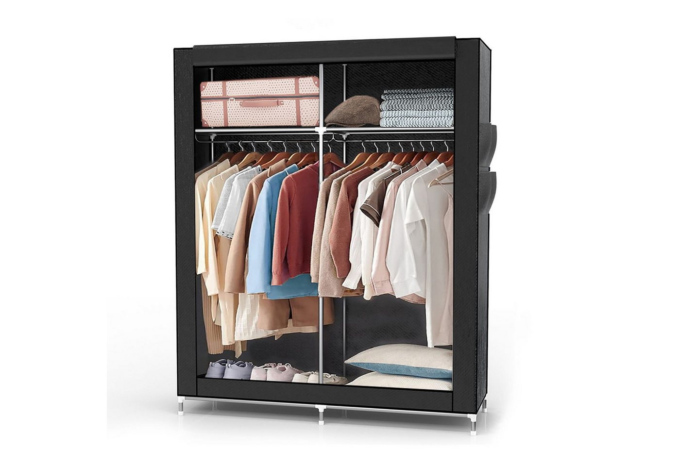 Intirilife Kleiderschrank (Faltschrank 108x170x45 cm in RABEN SCHWARZ, 1-St) Stoffschrank mit Reißverschluss, Kleiderschrank mit Stange und Fächer von Intirilife