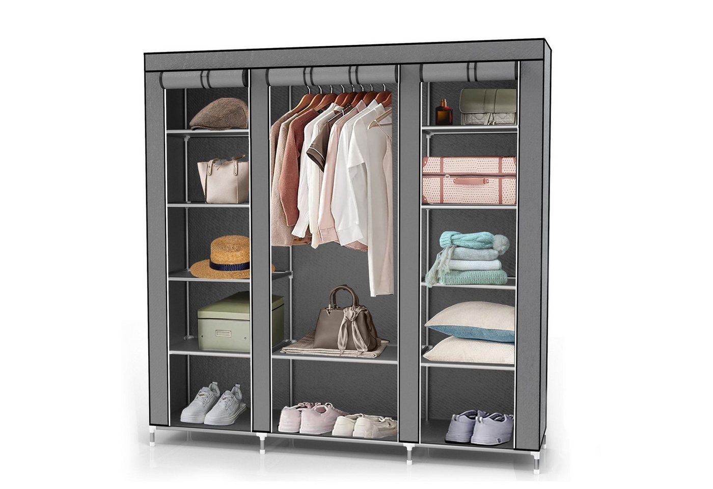 Intirilife Kleiderschrank (Faltschrank 150x175x45 cm in ASCH GRAU, 1-St) Stoffschrank mit Reißverschluss, Kleiderschrank mit Stange und Fächer von Intirilife