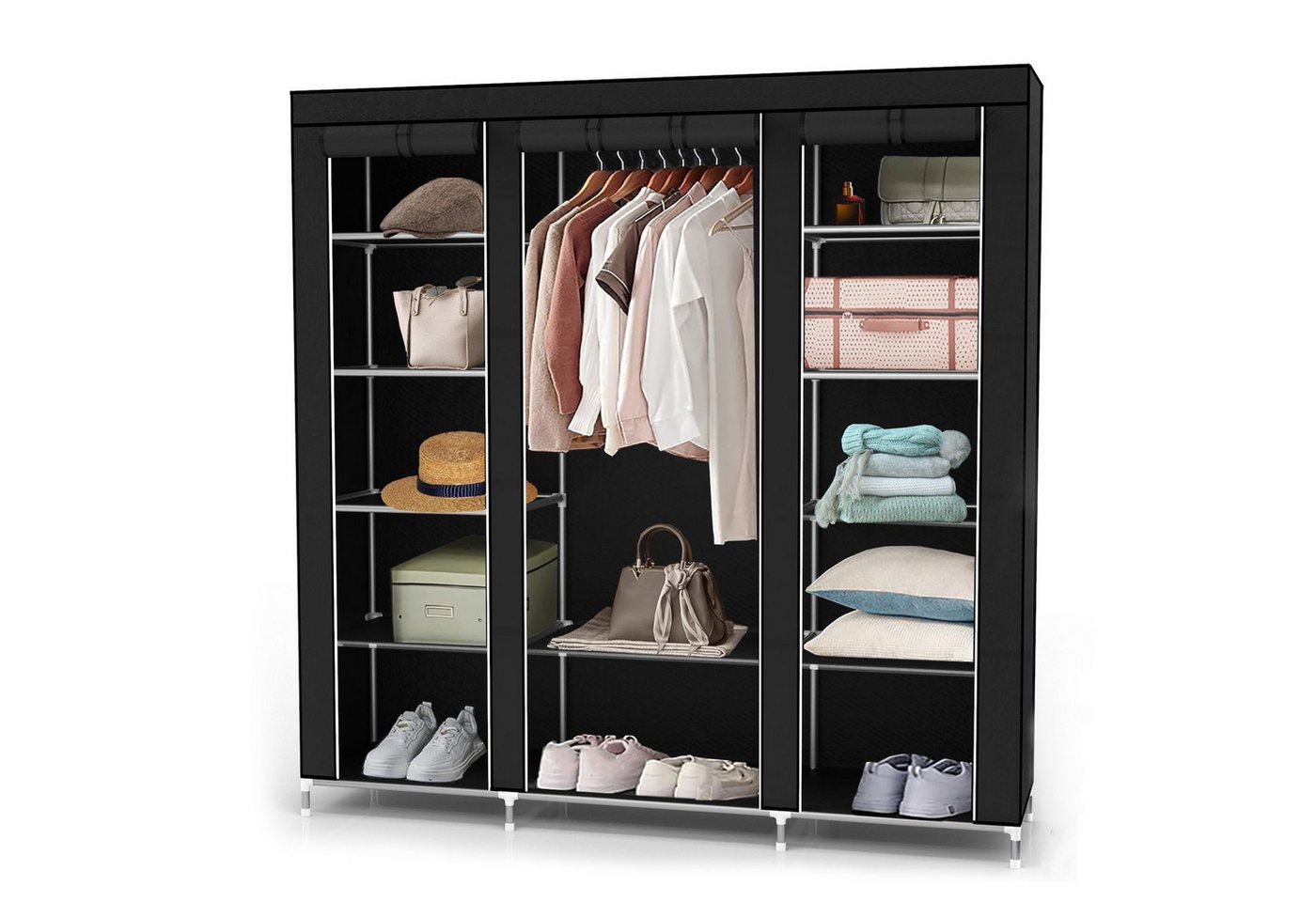 Intirilife Kleiderschrank (Faltschrank 150x175x45 cm in RABEN SCHWARZ, 1-St) Stoffschrank mit Reißverschluss, Kleiderschrank mit Stange und Fächer von Intirilife