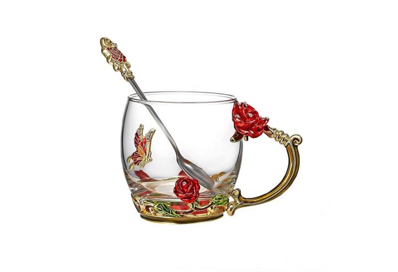 Intirilife Tasse, Borosilikat Glas, Glas Set mit Löffel in Gold - Rot - Lila - Perfektes Geschenk von Intirilife