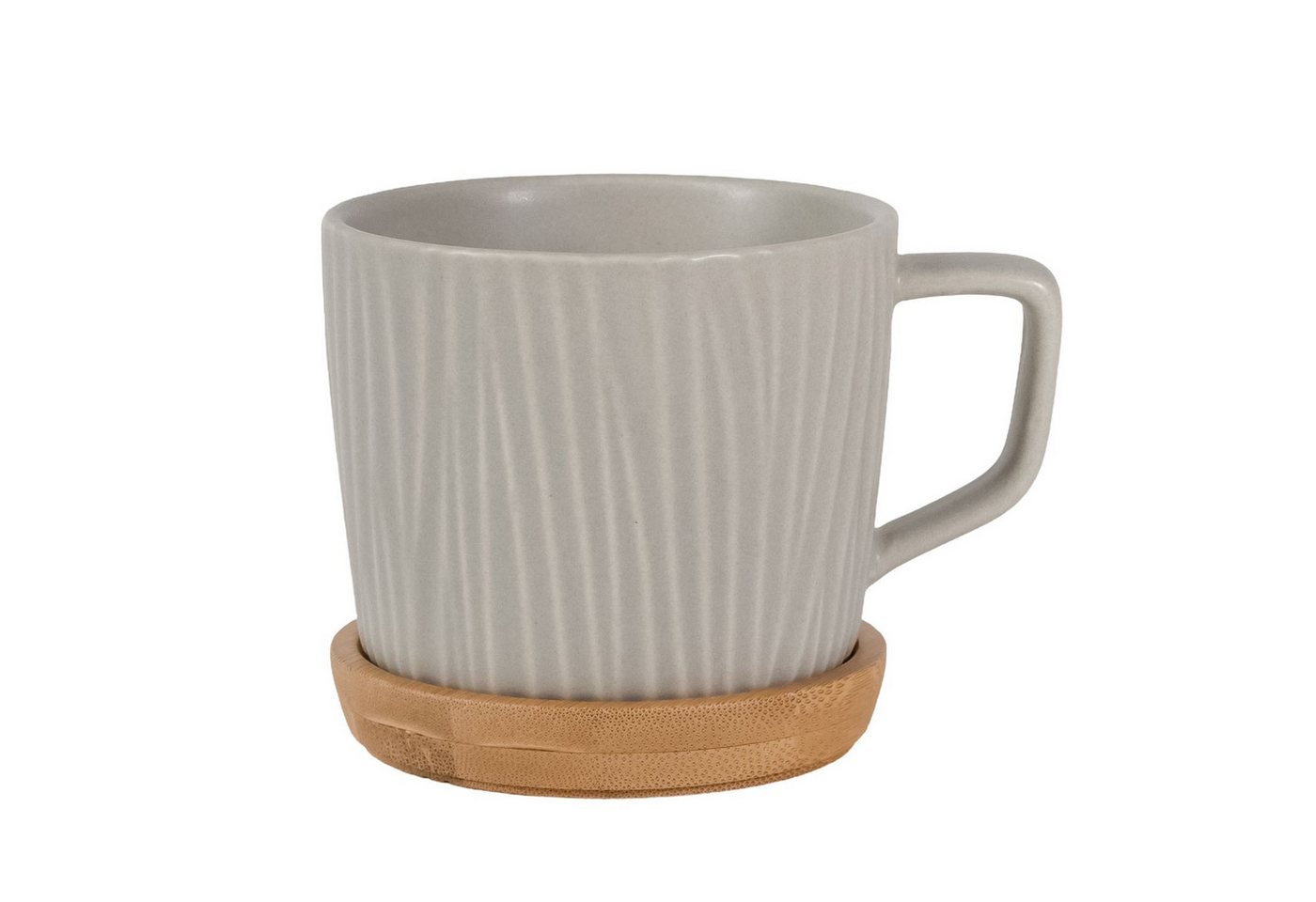 Intirilife Tasse, Keramik, Kaffee Tee Tasse Rillen Muster 230 ml Keramik mit Holz Untersetzer von Intirilife