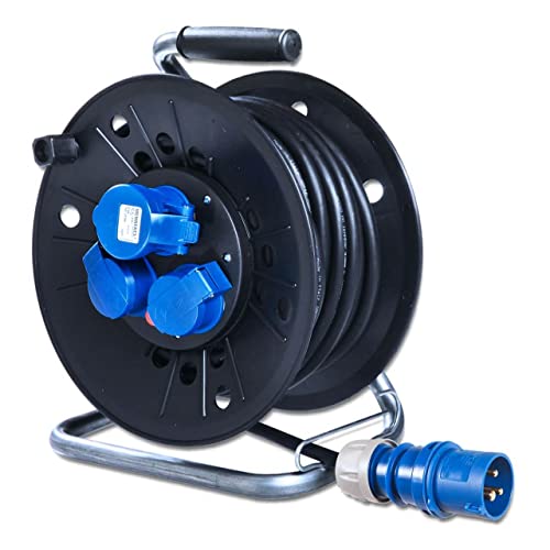 IntuiFlex CEE Camping-Kabeltrommel mit 25m Gummi-Kabel H07RN-F 3G2,5 3x2,5 mm 230V/16A CEE Stecker CEE Steckdose + 2x Schuko Steckdosen - IP44 Campingkabel Kabelrolle Zubehör Wohnmobil Boot Wohnwagen von IntuiFlex