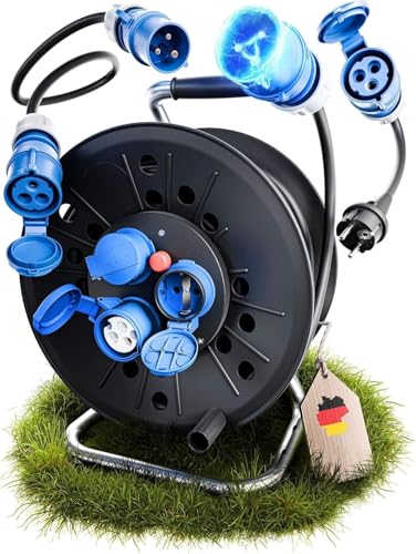 IntuiFlex Camping Kabeltrommel Set - CEE Kabel 25m + 1,5m Anschlusskabel + CEE Adapter - Campingkabel H07RN-F 3G 2,5mm² für Wohnwagen Wohnmobil Zubehör IP44 Outdoor von IntuiFlex