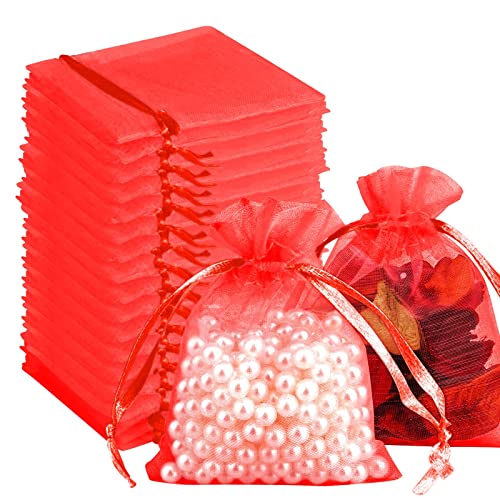 Invaxe 100 Stück Organzasäckchen, Geschenk Schmuckbeutel, 7 * 9 cm Klein Organza Säckchen Zum Befüllen, Kordelzug Kleine Süßigkeitentasche für Hochzeit Festivalparty Weihnachten - Rot von Invaxe