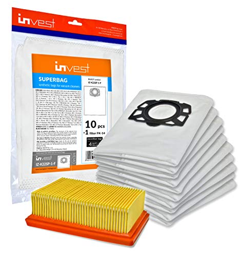 Invest 10 Staubsaugerbeutel + 1 Filter geeignet für Kärcher 2.863-006.0 WD4 WD5 WD6 MV4 MV5 MV6 Staubsaugerbeutel-Typ KA 33 Flachfaltenfilter 2.863-005.0 von Invest