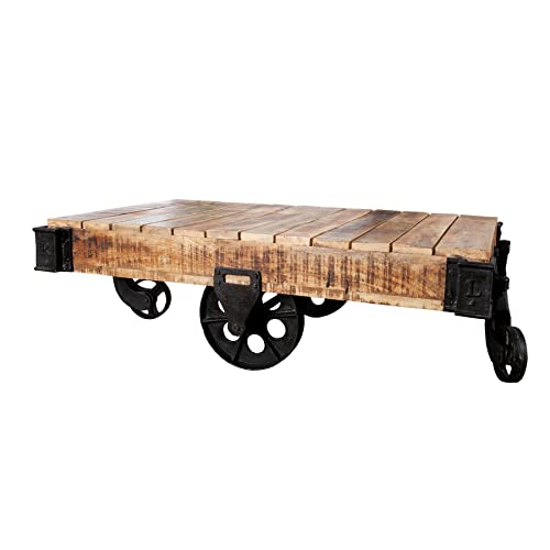 Invicta Interior Massiver Design Couchtisch Railway 120 cm Massivholz Teak mit 4 Rädern Holztisch Teakholz Tisch von Invicta Interior