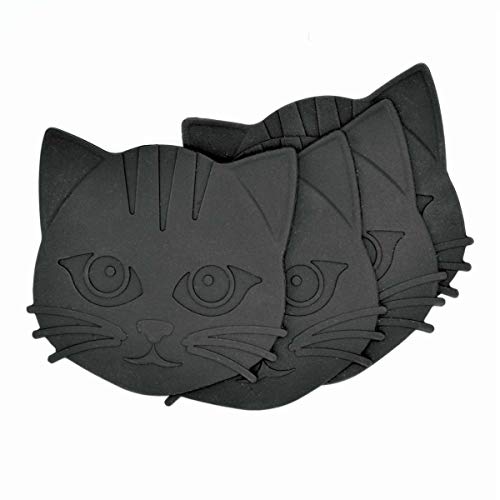 Invotis 4er Set Untersetzer Katze in schwarz und grau, Glasuntersetzer, Abmessungen je Untersetzer: 9 x 9,5 x 0,2 cm, Material: Silikon, schicke Tischdeko und schönes Geschenk für Katzen Fans von INVOTIS