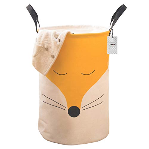 Inwagui Aufbewahrungskorb Kinder Spielzeug Organizer Faltbare Wasserdicht Wäschekorb Stoff Rund Wäschebox mit Schwarzer Griff - Fuchs/Gelb von Inwagui